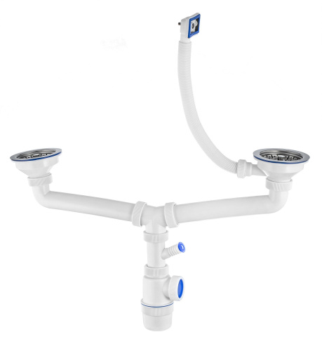 VIRPLAST Сифон "Элит" с нержавеющими чашками, выпусками, отводом и переливом (L300 мм)