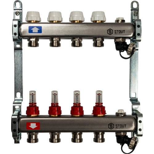 STOUT Коллектор с расходомерами, выпускным клапаном и сливом 4 выхода, нержавеющая сталь