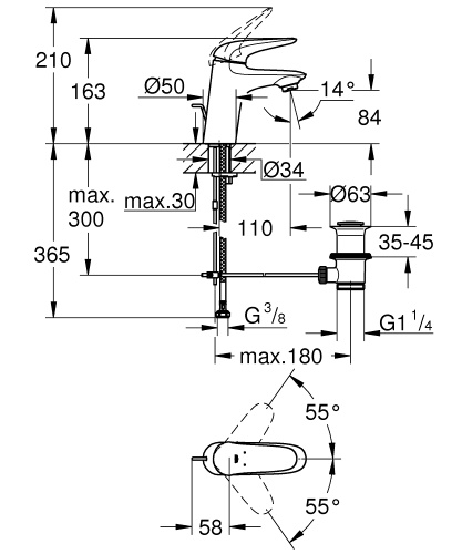 GROHE Смеситель для раковины Eurostyle с донным клапаном