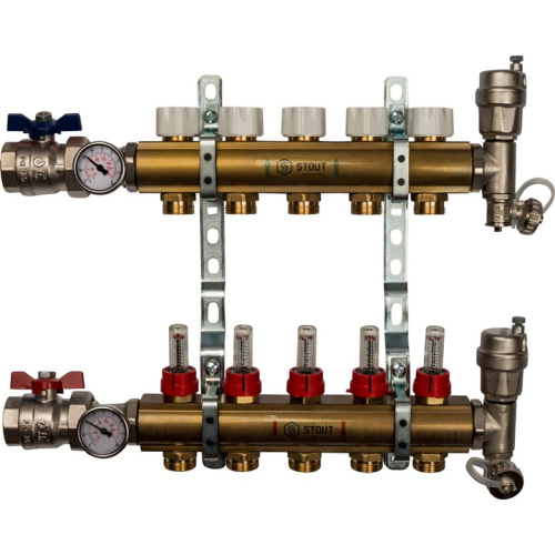 STOUT Коллектор в сборе с расходомерами 5 выходов, латунь