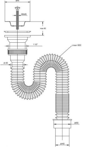 VIRPLAST Гофросифон "Элит" 1 1/2х40/50 с отводм под стиральную машину и нержавеющей чашкой  д.70, 900 мм