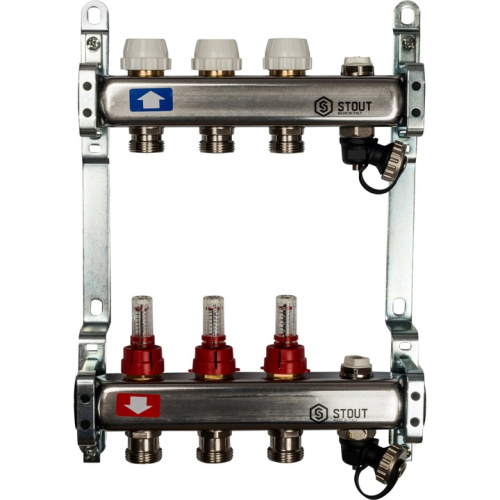 STOUT Коллектор с расходомерами, выпускным клапаном и сливом 3 выхода, нержавеющая сталь