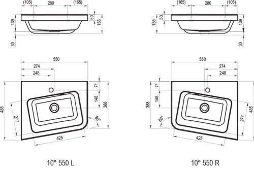 RAVAK Умывальник 10° c отверстиями, 55 см L