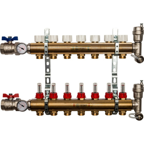 STOUT Коллектор в сборе с расходомерами 7 выходов, латунь