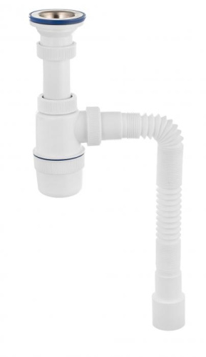 VIRPLAST Сифон "ЭЛИТ" с удлинённым выпуском, нержавеющей чашкой из стали и гофротрубой