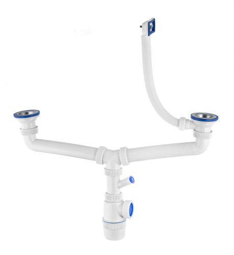 VIRPLAST Сифон "Элит" для двойной мойки с отводом для стиральной машины и переливом 70мм