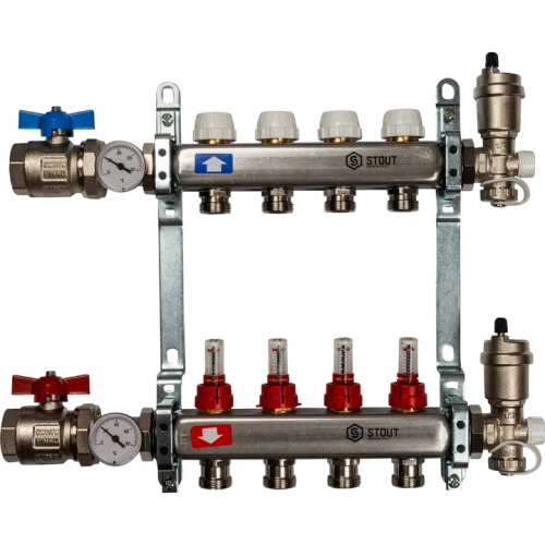 STOUT Коллектор в сборе с расходомерами 4 выхода, нержавеющая сталь