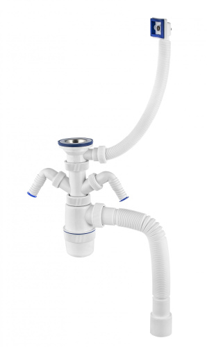 VIRPLAST Сифон "ЭЛИТ" с чашкой из нержавеющей стали, двумя отводами, переливом и гофрой