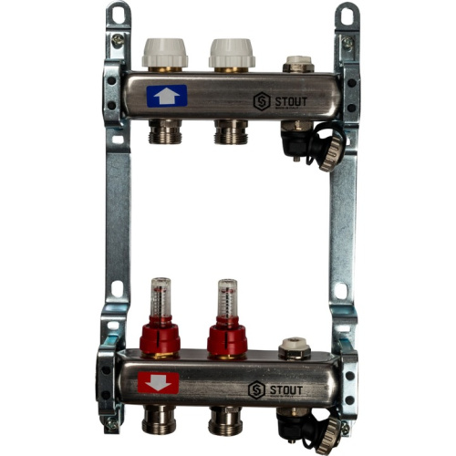 STOUT Коллектор с расходомерами, выпускным клапаном и сливом 2 выхода, нержавеющая сталь