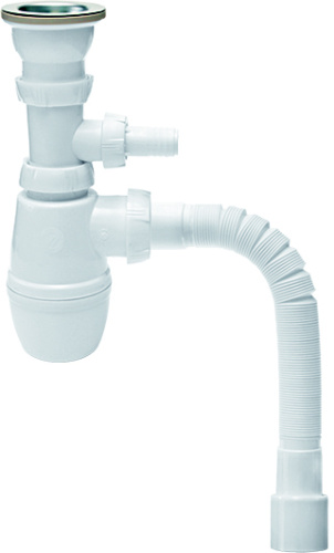 WIRQUIN Сифон "МИНОР" 1 1/2"х40 с нержавеющей чашкой 70мм, отводом для стиральной машины и гибкой трубой
