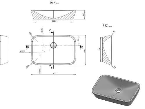 RAVAK Умывальник накладной керамический Ceramic 600 R прямоугольный, 60*40*12см