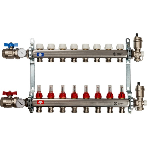STOUT Коллектор в сборе с расходомерами 8 выходов, нержавеющая сталь