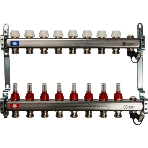 STOUT Коллектор с расходомерами, выпускным клапаном и сливом 8 выходов, нержавеющая сталь