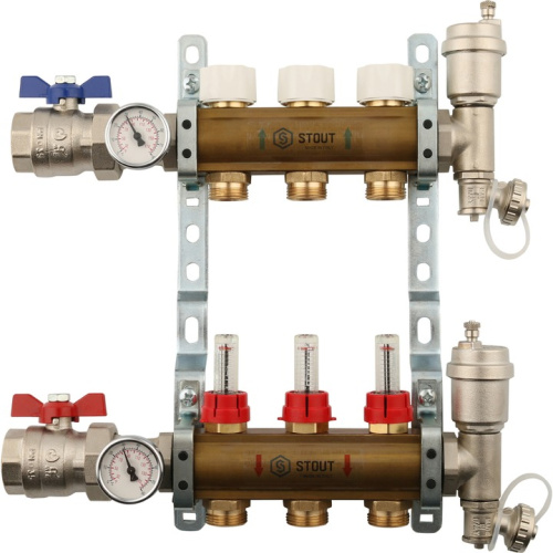 STOUT Коллектор в сборе с расходомерами 3 выхода, латунь